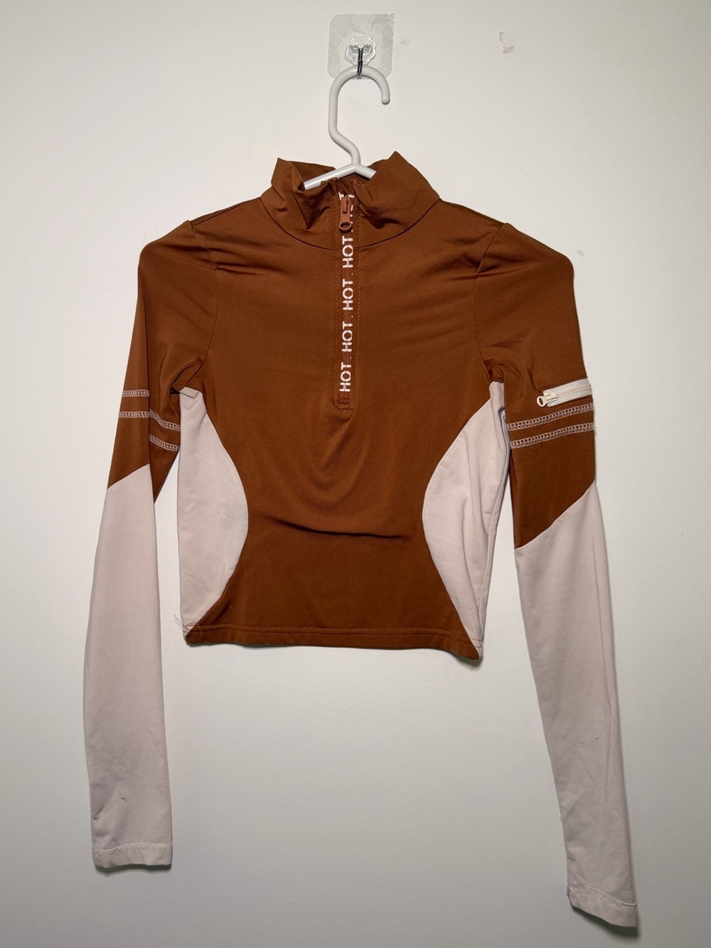 Brown cream athletic crop top half zip neckline printed hot zipper detail
